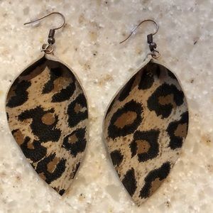 Leopard print genuine leather leaf earrings